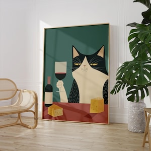 印刷可能な猫のワインポスター、バーカートの壁アート、面白い猫のプリント、ワイン猫のポスター、猫好きへのギフト、美しいキッチンの装飾、トレンディな壁アート