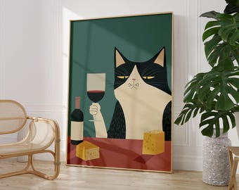 Printable Cat Wine Poster, Bar Cart Wall Art, Funny Cat Print, Wine Cat Poster, Cat Lovers Gift, Aesthetic Kitchen Decor, Trendy Wall Art