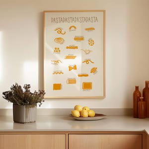 Pasta Illustration, Funny Printable Kitchen Poster, Pasta Artwork, Trendy Food Print, Hand Drawn Kitchen Prints, Digital Download