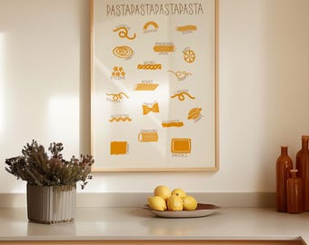 Pasta Illustration, Funny Printable Kitchen Poster, Pasta Artwork, Trendy Food Print, Hand Drawn Kitchen Prints, Digital Download