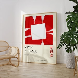Cartel de la exposición Yayoi Kusama, arte de la pared de la galería, impresión japonesa roja, redes Kusama, descarga digital, decoración japonesa, cartel imprimible