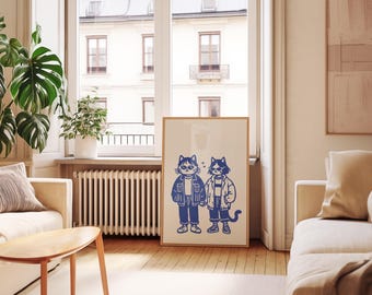 Cool Cat Couple Digital Wall Art, Navy Cat Wall Decor, Indie Cat Print, Cat Lover Gift, Digital Download, Valentines Day Gift Idea