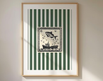 Vintage Sardines Retro Poster, Printable Coastal Home Decor, Food Illustration, Kitchen Decor, Trendy Wall Art