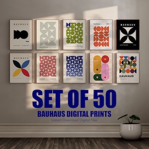 50 Geometric Abstract Bauhaus Poster, Pink Blue Red Yellow Decor, Gallery Wall Set, Mid Century Modern, High Quality Digital Download