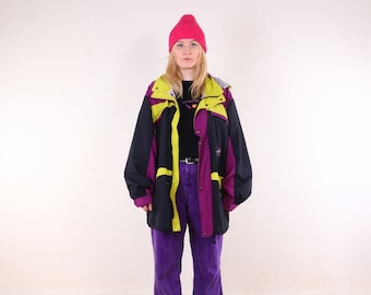 Vintage 90s windbreaker, hooded colorblock unisex streetwear jacket