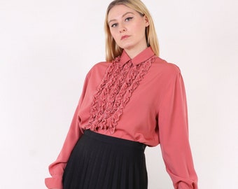 Vintage 90s Ruffle Front Silky coral pink Blouse, Size up to L/XL