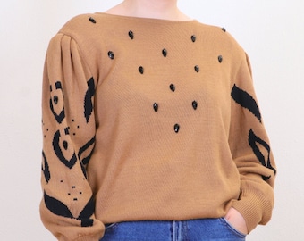 Vintage 80s puff sleeve knitted sweater with jewels in caramel brown