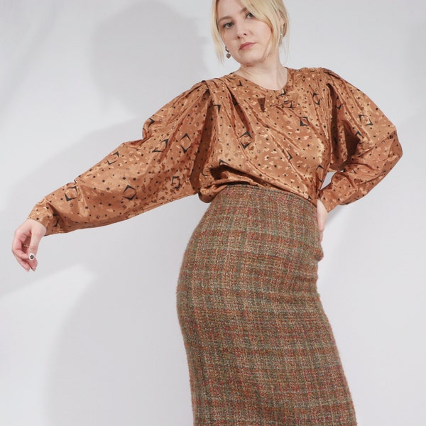 Vintage Plaid Boucle Wool pencil skirt in rust brown and khaki green, Fall Winter skirt