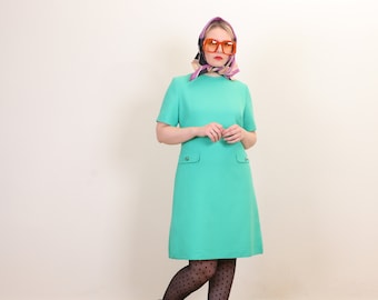 Vintage 60s teal MOD dress M/L, 60s Minimalist Party dress