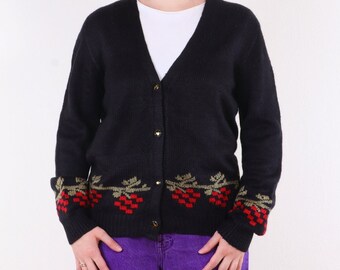 Vintage hand knit cardigan black w red berry vine, handmade Folk Sweater, Size up to M