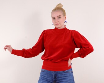 Vintage velour bishop puff sleeve turtleneck sweatshirt, minimalist velvety soft pullover in red XS/S