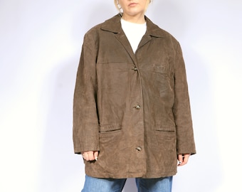 Vintage Minimalist Brown Leather Jacket EU46 (L/XL), Oversized Short Leather Coat