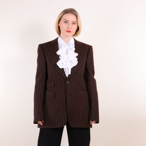 Vintage 70s Pinstripe Wool Minimalist Van Gils Blazer w Large Lapels in Brown M imagem 1