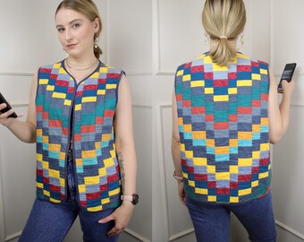 Patchwork Quilt Vest Reversible, Handmade Colorful Padded quilted sleeveless coat