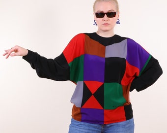 90s Vintage Colorblock Clowncore Kidcore Bold Check K G Nilson artwork print blouse Shirt ~S -AS IS-