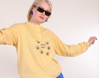 Vintage 90s terrycloth sweatshirt "Funny Bees", Vintage towel fabric pullover, long sleeve tee