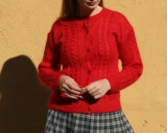 Vintage Mohair Cable Hand Knitted Cardigan in Red XXS