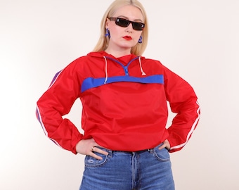 Vintage 80s Quarter-zip Windbreaker Pullover Hooded Jacket in Red with stripes