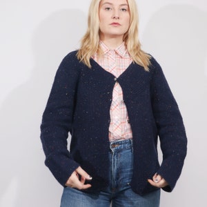 Vintage minimalist speckled WOOL knitted cardigan in dark blue image 6