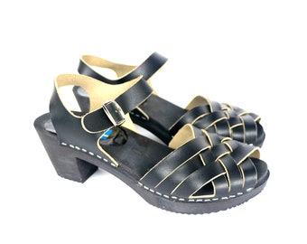 NEW Vintage Swedish Clogs Braided Leather Womens sandal in Black EU39 US8 UK6 Real Leather NWOB