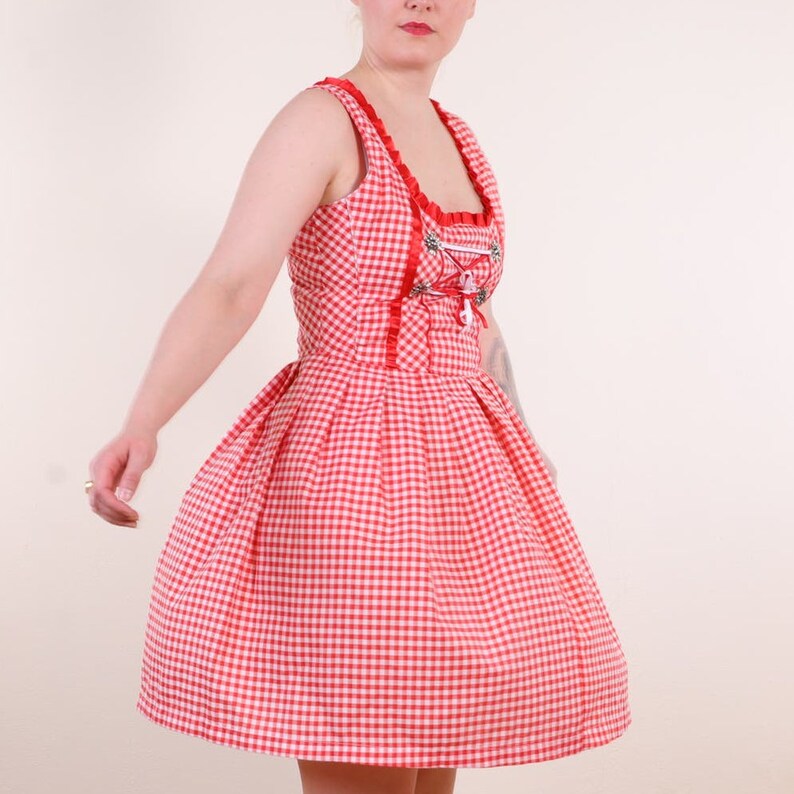 Vintage Dirndl Trachten Traditional Folk Gingham Check Dress in Red and white M image 5