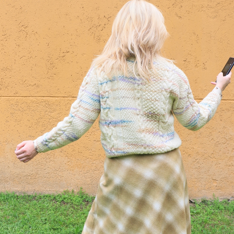 Vintage wool cropped striped sweater in cable knit pastel colors, Size XS-M, handknitted sweater image 3