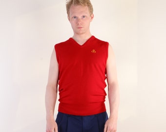 Vintage 80s pure new lambswool v-neck sweater vest in red S, Made in England, Minimalist sleeveless pullover gilet