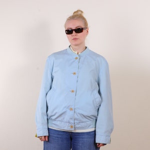 Vintage 80s REVERSIBLE bold bomber jacket in yellow and baby blue M, cotton artisan hippie short jacket image 5