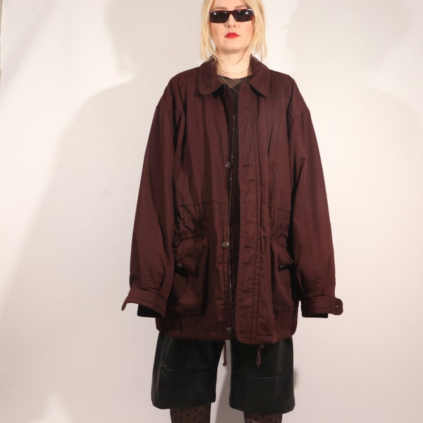 Vintage 90er Jahre Dunkelrote Gefütterte Winterjacke, Oversized Winter Jacke mit großen Taschen XL/XXL