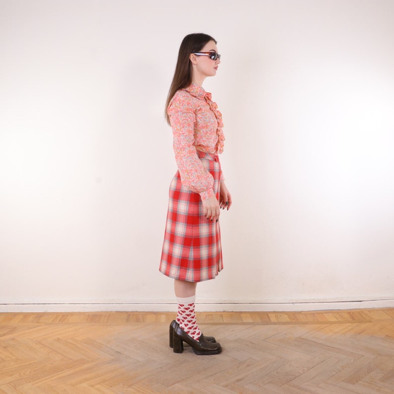 Vintage 70s Red Plaid box pleat skirt S, secretary business work office smart casual skirt 30s 40s style image 2