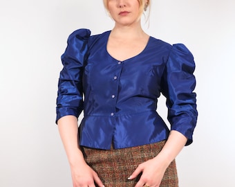 Vintage Iridescent puff sleeve peplum blouse in royal blue, S/M