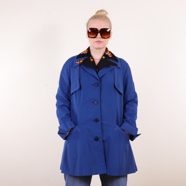 Vintage 70s Dagger Collar Trench coat M/L, Pointy Collar Blue Retro Duster Coat, Capsule Wardrobe