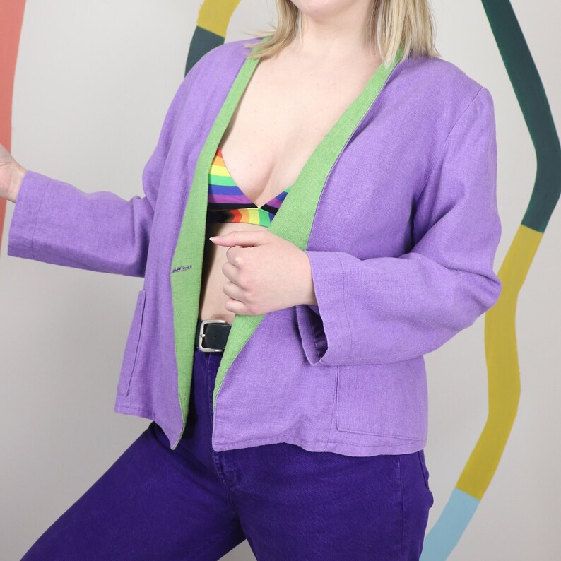 Colorblock 90s linen cotton blazer in violet image 2