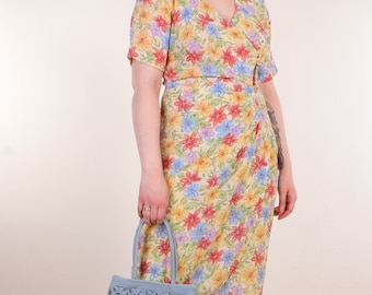 Vintage 90s Sheer floral ruched waist wrap midi dress M