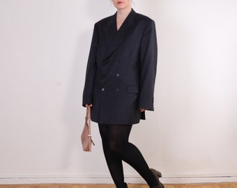 Vintage Pinstripe Oversized Blazer Dress in Superfine Merino Wool, Double breasted Minimalist Suit jacket in Black, Made in Germany