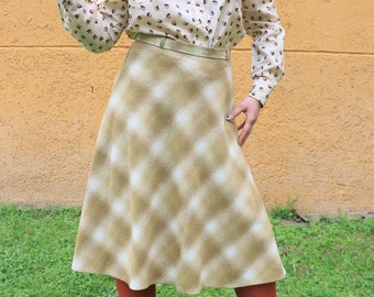 70s Vintage A line wool winter skirt beige green plaid skirt Large W32, check skirt