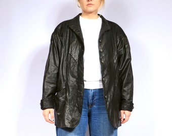 Vintage 80s Leather Jacket in black Patchwork M/L, Lepegro Oversized Short Leather Coat