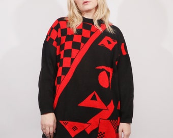 Vintage 80s Geometric Oversized Jumper Colorful Knit in black and red, Nostalgiacore