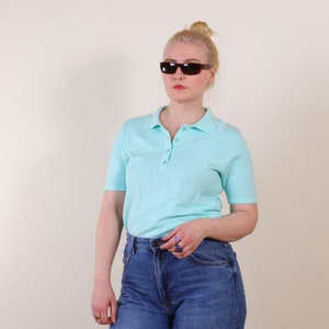 Vintage 90s knitted polo t-shirt sweater in mint blue S/M, Short Sleeve Non-Itchy Preppy Sweater Top image 3