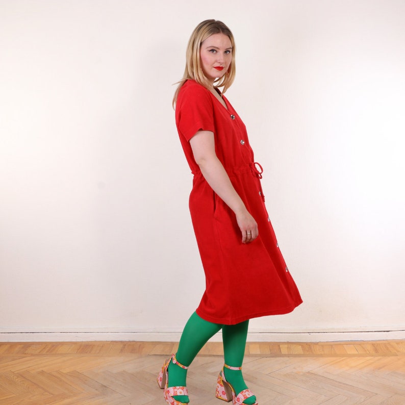 Y2K Terrycloth button down house dress in Red Cotton Blend EU44 L/XL image 8