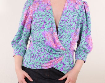 Vintage 80s Lilac & Rose Wrap Puff sleeve peplum blouse in mint and purple L