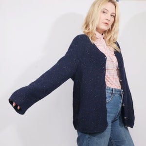 Vintage minimalist speckled WOOL knitted cardigan in dark blue image 5