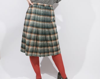 Vintage knife pleat plaid A-line skirt green L, Dark Academia skirt