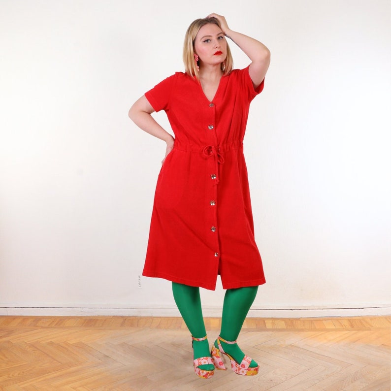 Y2K Terrycloth button down house dress in Red Cotton Blend EU44 L/XL image 3