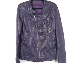 Y2K Diesel Black Gold Purple sheep leather jacket with studded sleeves and zippers M