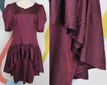 Vintage 80s Burgundy Prom dress, Draped Puff sleeve Evening Party dress