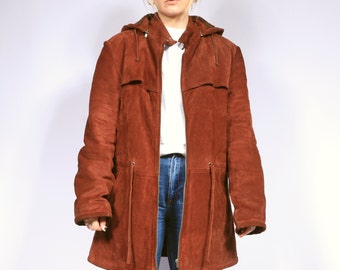 Vintage Winter Suede coat Hooded W Teddy bear lining in Rust Red Brown S/M, Capsule Wardrobe