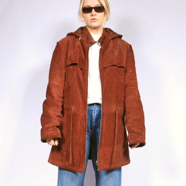 manteau en daim d’hiver vintage capuche W doublure ours en peluche en brun rouge rouille S/M, garde-robe capsule