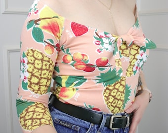 Vtg Naf Naf Paris 90s Crop top S, Off-the-shoulder Tie front Sexy Pink Colorful Pineapple Strawberry Peach Pear Floral Fruit Crop top