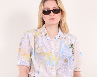 80s Puff sleeve Secretary blouse With Monstera leaves, Floral Librarian Shirt